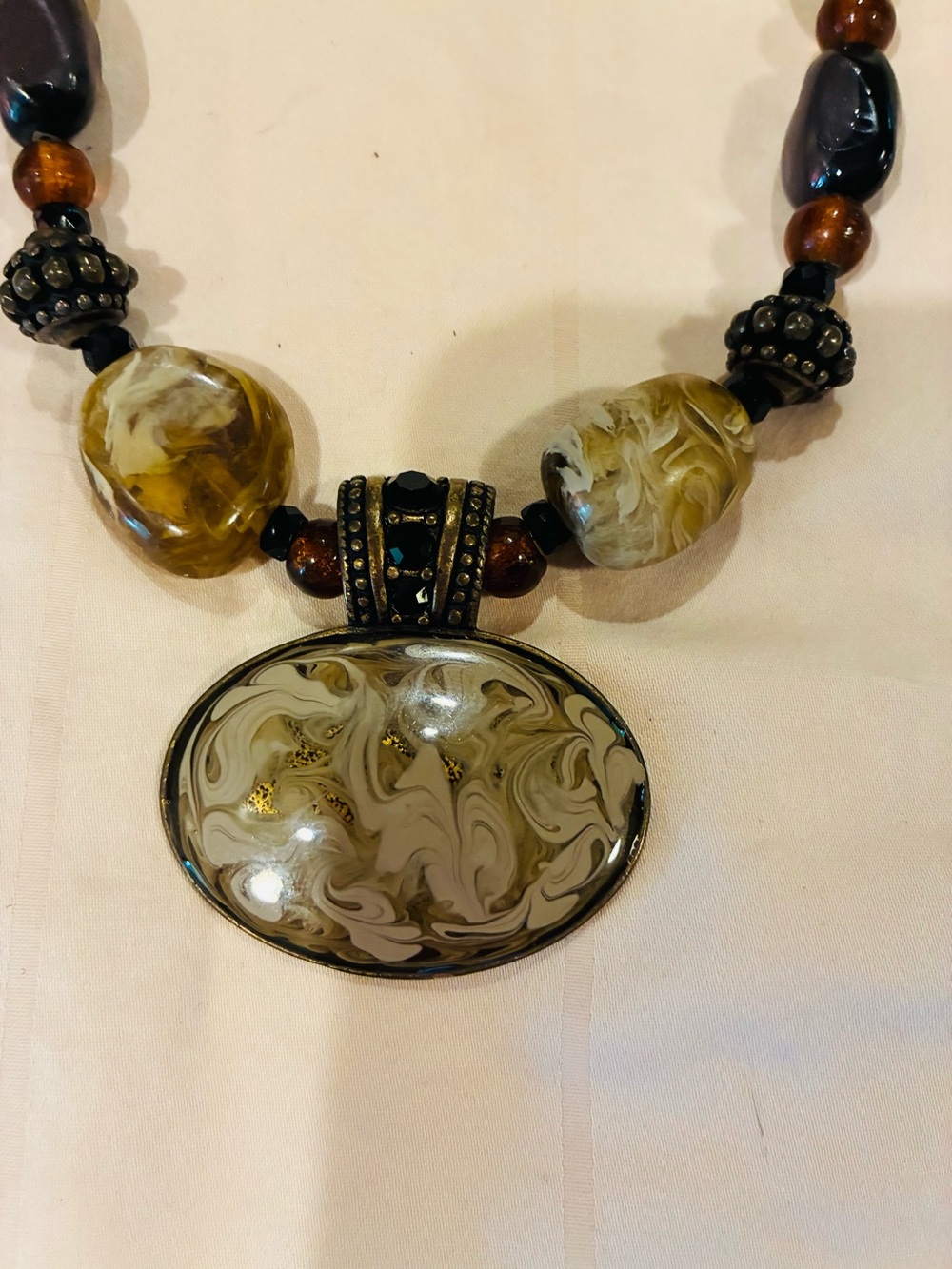 Chico’s Vintage Pendant Necklace in Swirled Olive, Rust & Brown Bead Detail